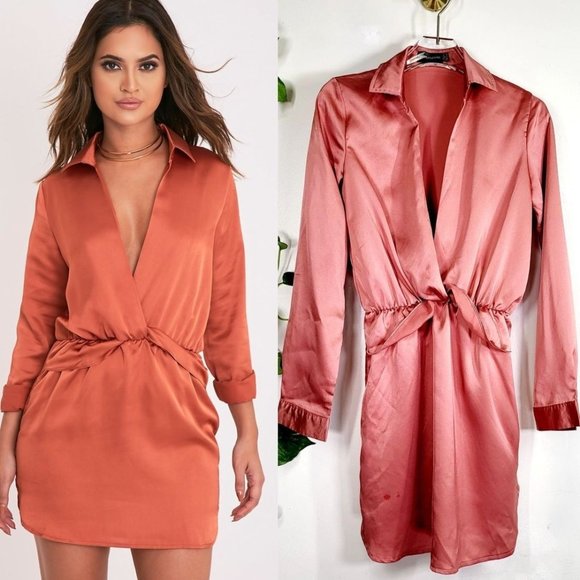 PRETTYLITTLETHING Red Shirt Dress 2 XS Long Sleeve Poplin Twist Front Katalea - Picture 1 of 13